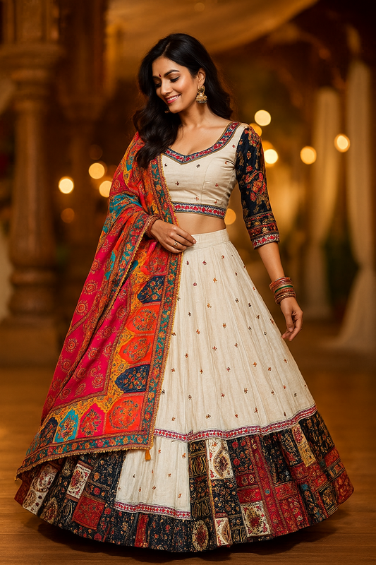 White Chaniya Choli with Multi Color Dupatta