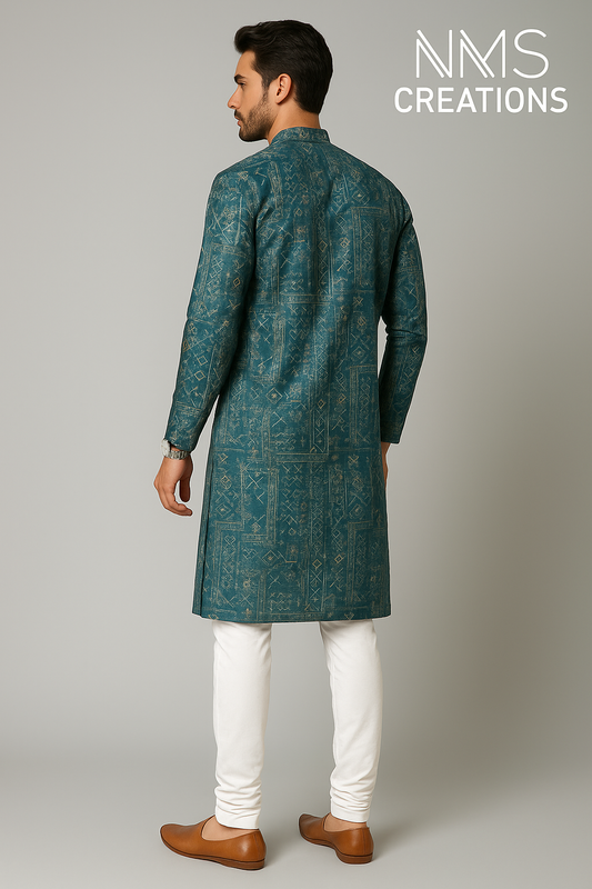 Peacock Blue Printed Festive Kurta Set