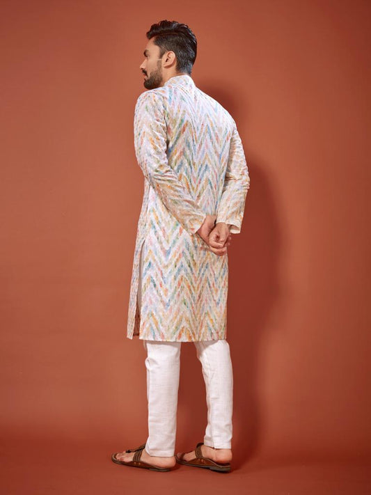 Men's Lucknowi Chikankari Digital Print Cotton Kurta