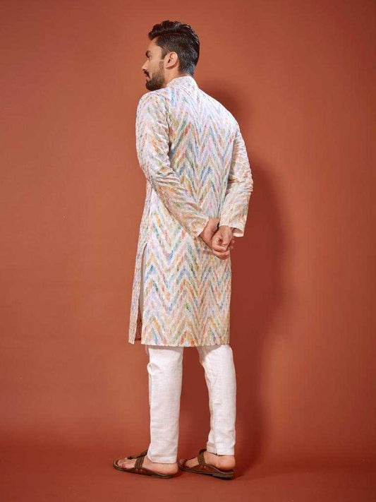 Men's Lucknowi Chikankari Digital Print Cotton Kurta Leela Straight Fit Ethnic Wear