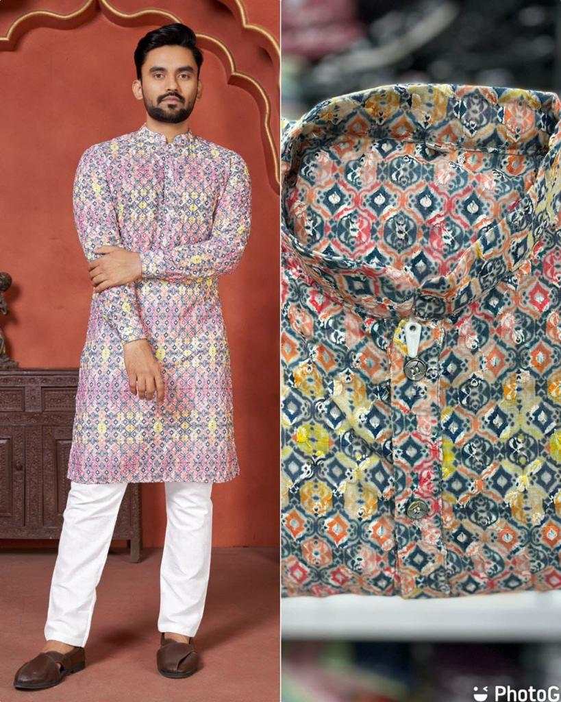 Men’s Traditional Wear Schiffli Kurta Set – Premium PC Cotton Embroidered Festive Outfit