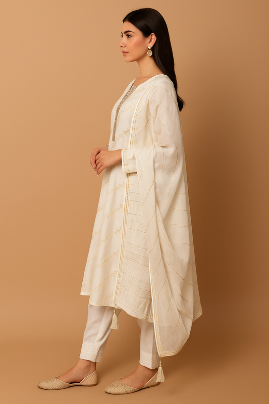 Ivory Elegance Embroidered Kurta Set with Dupatta