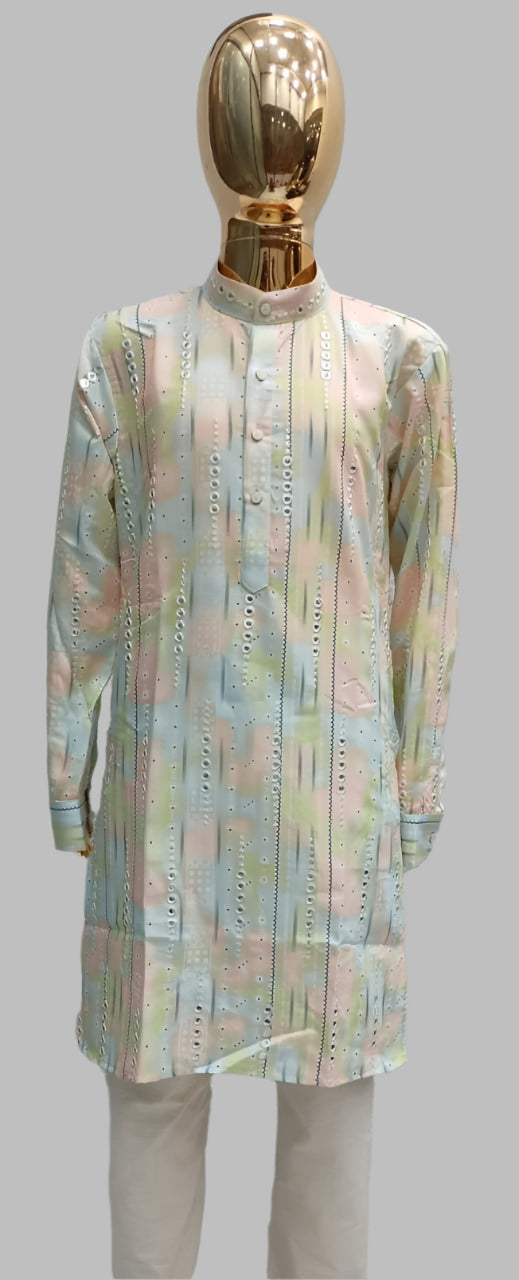 Kids Printed Kurta & White Churidar Set