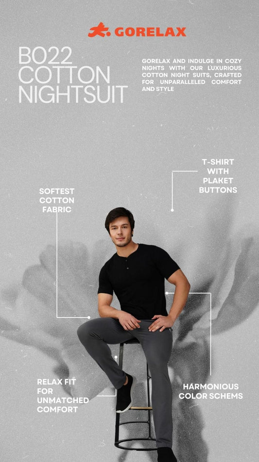 Man wearing black t-shirt and grey cotton nightsuit pants, relaxed fit, soft cotton fabric.