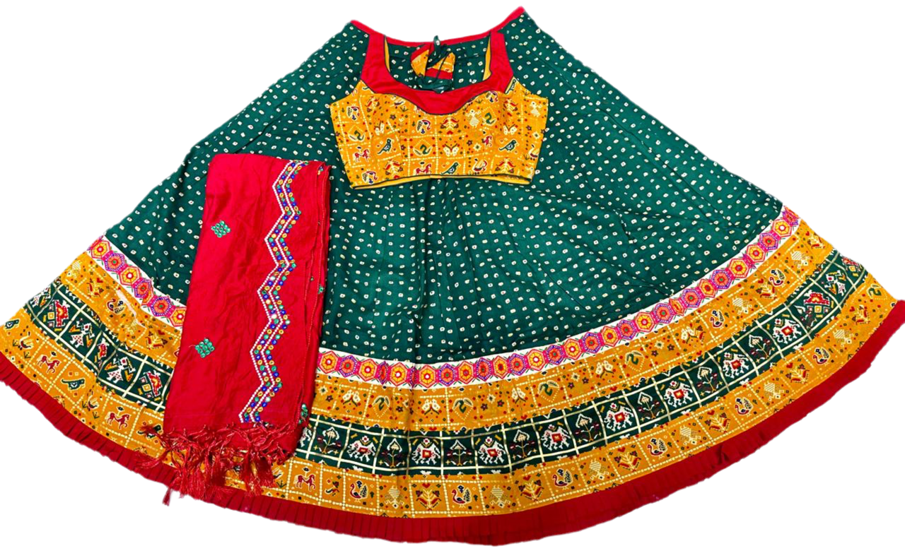 Traditional green and yellow lehenga choli set with printed motifs and red dupatta
