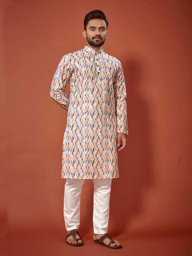 Men's Lucknowi Chikankari Digital Print Cotton Kurta Leela Straight Fit Ethnic Wear