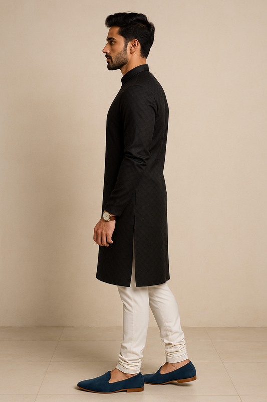 Black Textured Cotton Silk Kurta Set | Code: 9116