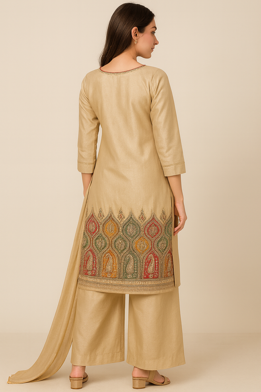 Woman wearing a beige traditional outfit with a patterned hem on a beige background