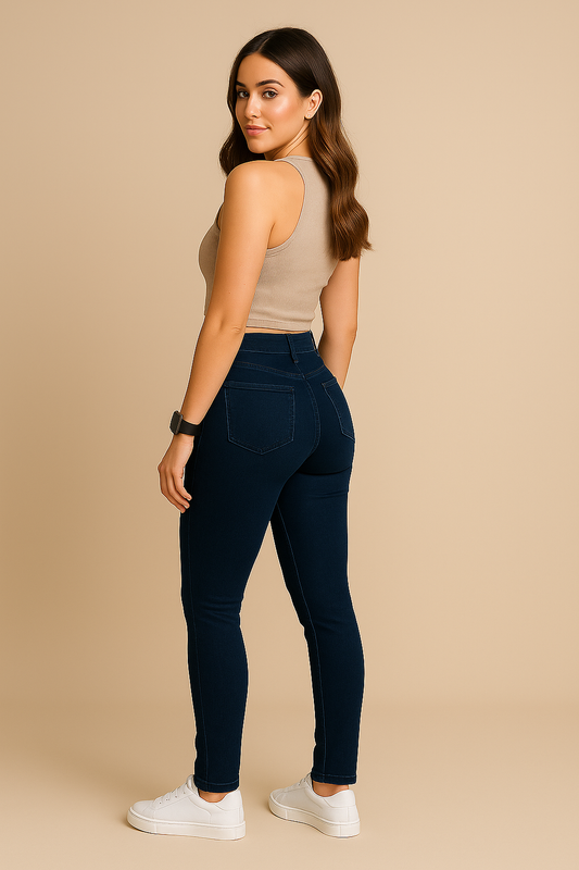 Woman wearing navy blue jeans and a beige top on a beige background