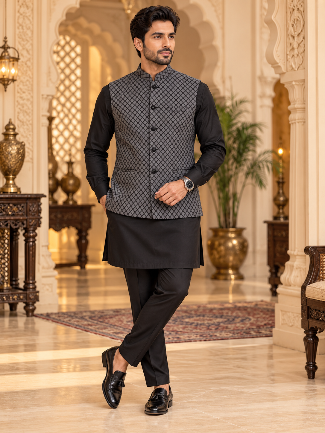 Men's Charcoal Grey Diamond Pattern Nehru Jacket