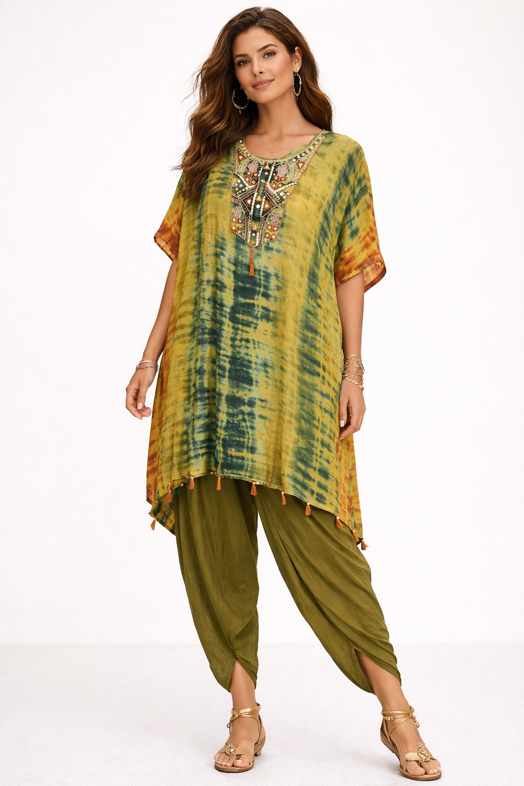 Mustard & Olive Printed Kaftan Dhoti Set
