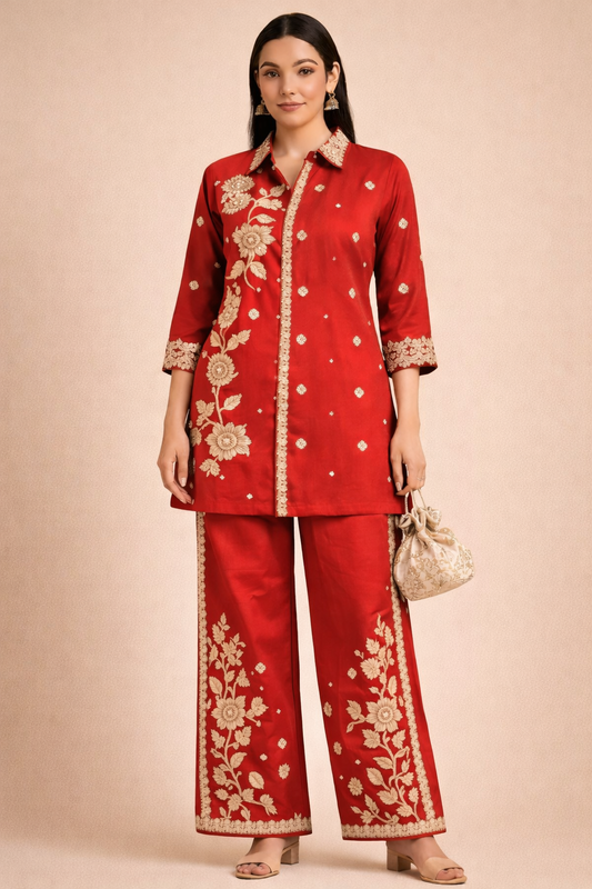 Orange Embroidered Kurta Palazzo Co-ord Set