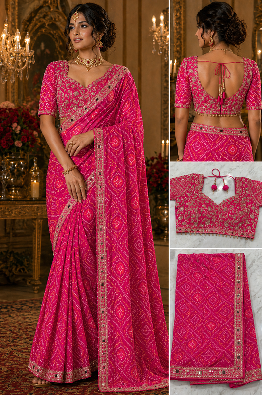 Pink Bandhani Print Saree with Heavy Embroidered Designer Blouse