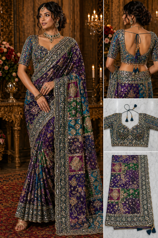 Midnight Teal Patchwork Saree with Blouse