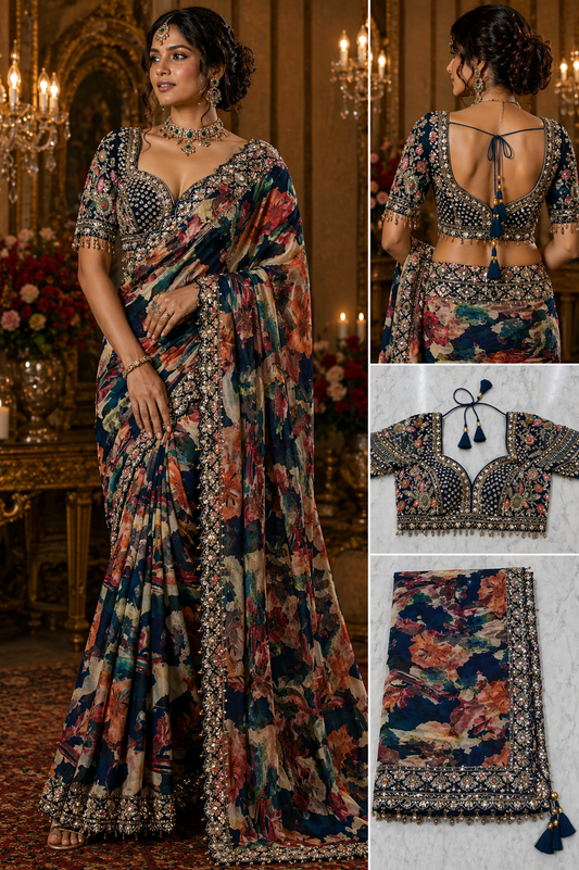 Navy Floral Saree with Embellished Border
