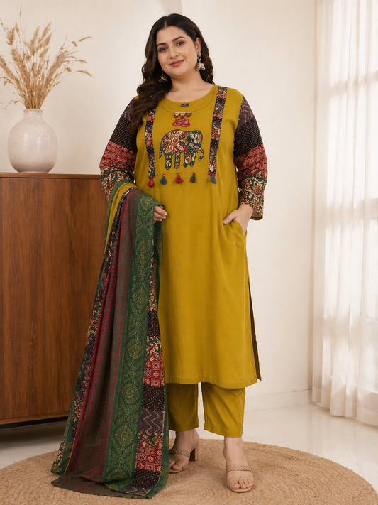 Mustard Elephant Print 3 Piece Kurta Set with Dupatta