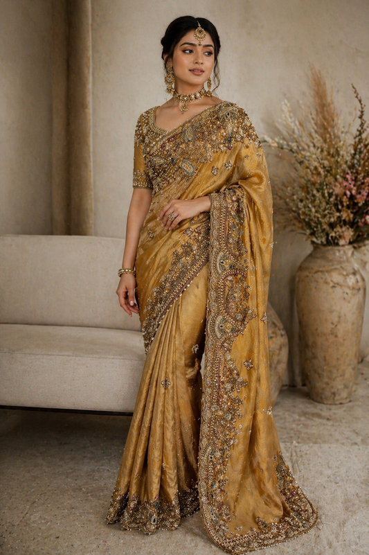 Woman in a gold saree with intricate patterns standing in a room with a neutral color scheme.