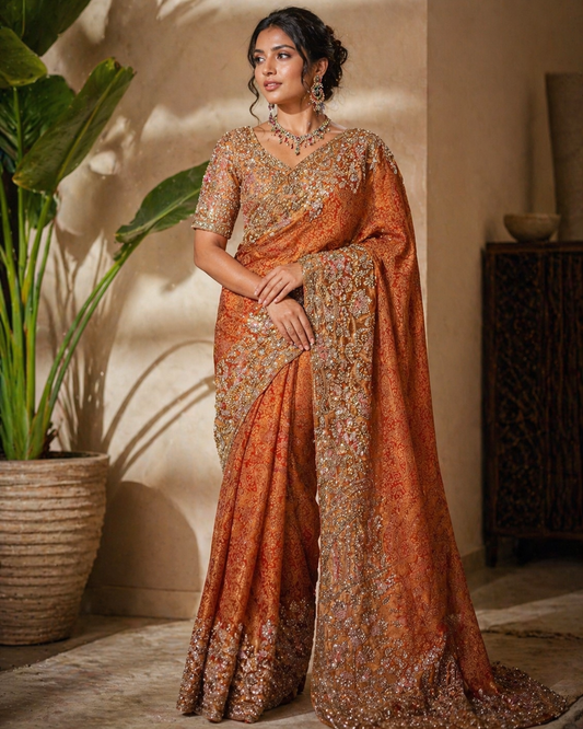 Dusty Orange Heavy Embroidered Saree with Stitched Designer Blouse