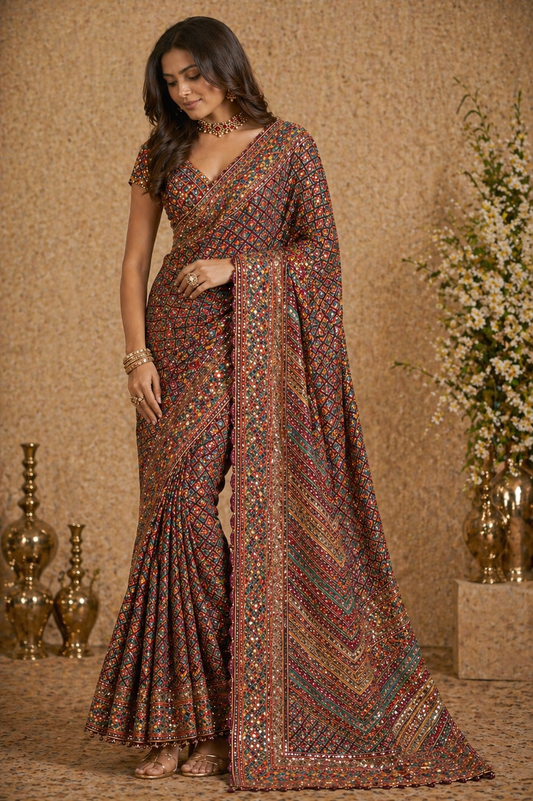 Royal Multicolour Heavy Embroidered Saree with Stitched Blouse