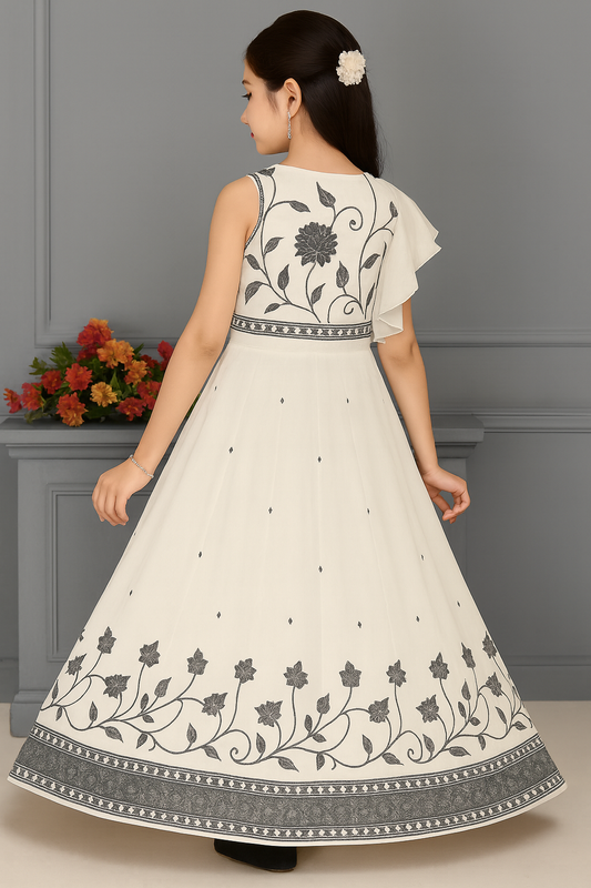 Elegant Cream & Black Floral Embroidered Lehenga Choli