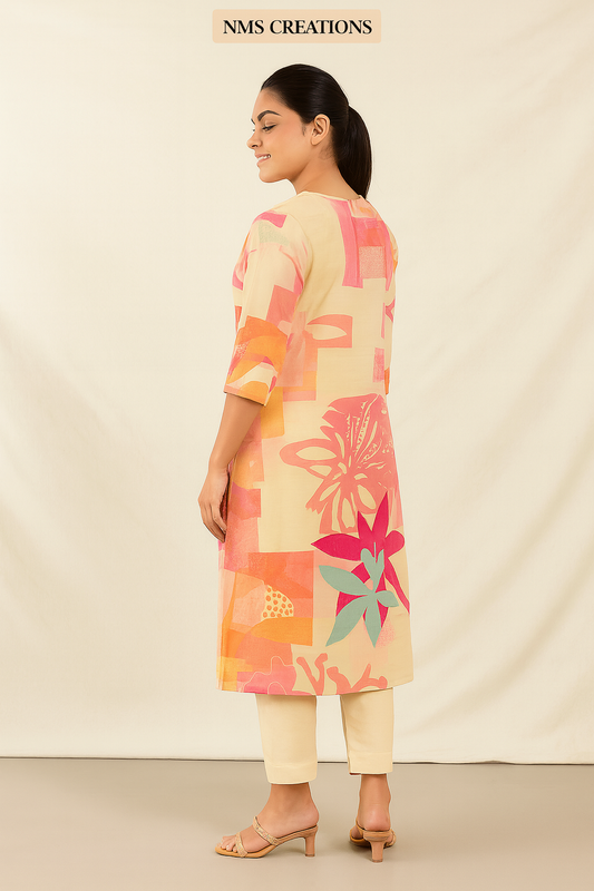 Vibrant Floral Abstract Printed Kurti with Embroidered Neckline