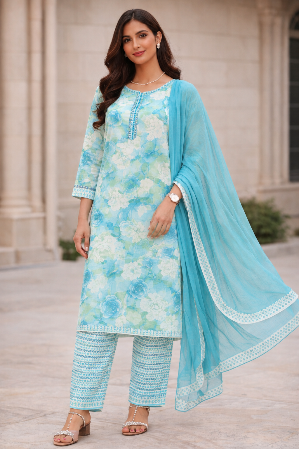Sky Blue Floral Cotton Suit Set – 3 Piece
