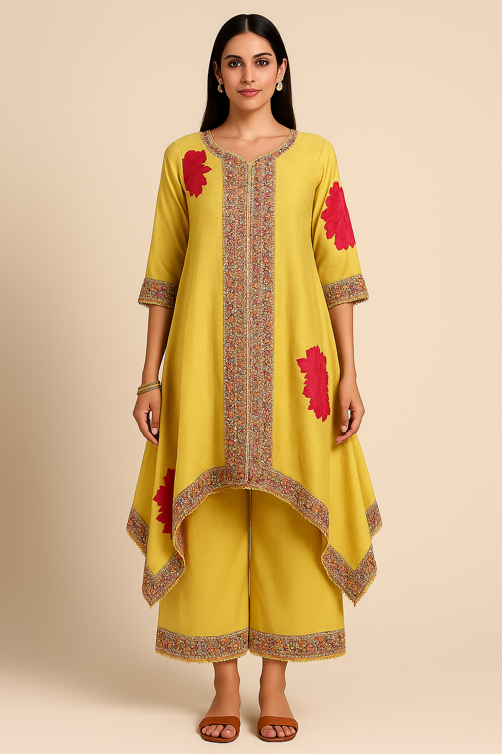 Woman wearing a yellow traditional outfit with red floral patterns on a beige background