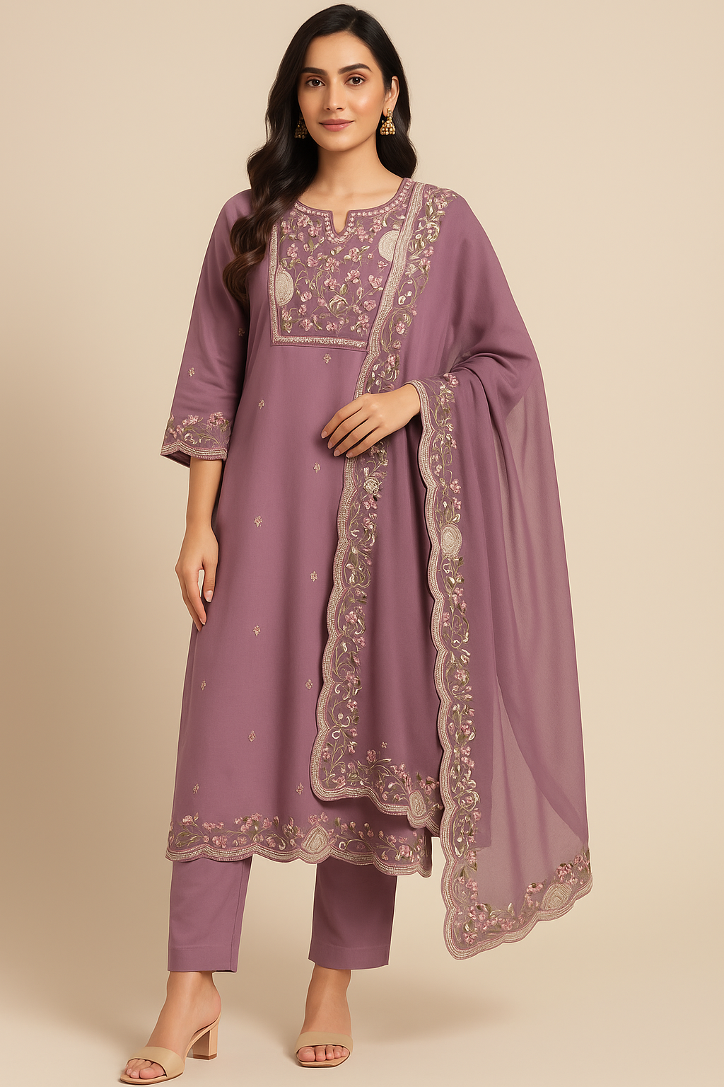 Woman wearing a purple embroidered traditional outfit on a beige background