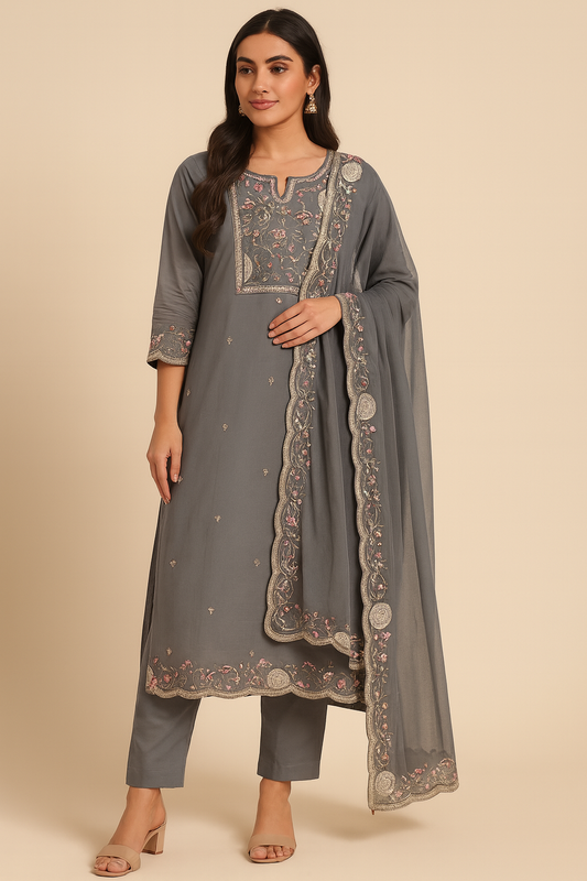 Woman wearing a gray embroidered outfit with a matching dupatta on a beige background