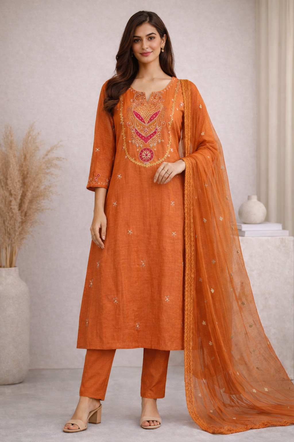 Woman wearing an orange embroidered outfit with a matching dupatta in a neutral setting.