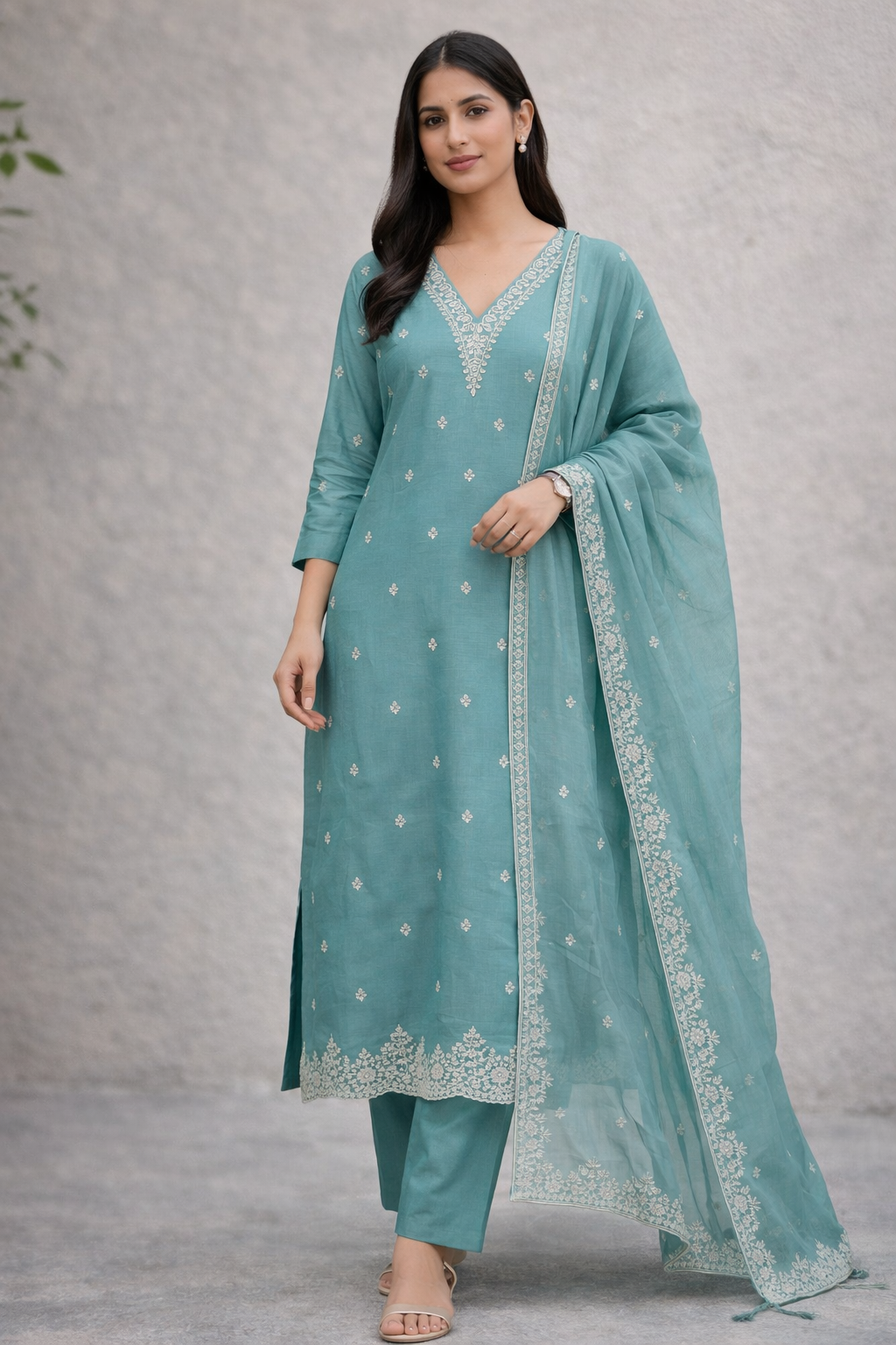 Woman wearing a teal traditional outfit with a matching dupatta against a gray background