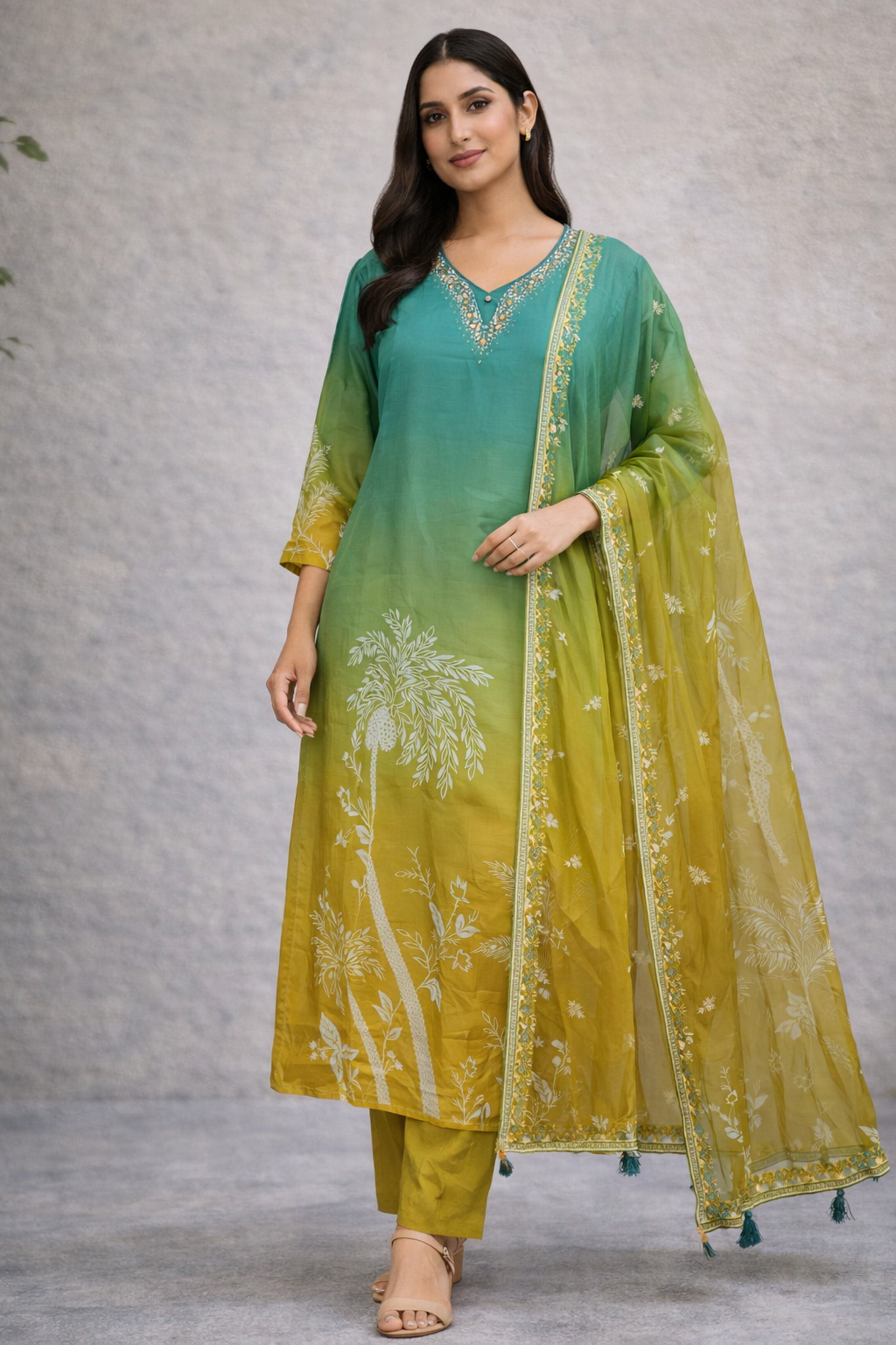 Woman wearing a green and yellow traditional outfit with a plain background