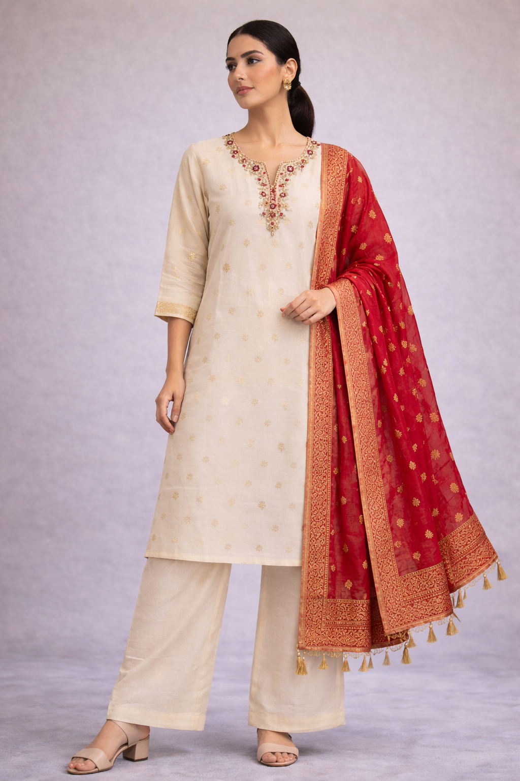 Woman wearing a cream kurta with white pants and a red dupatta with gold patterns on a light gray background