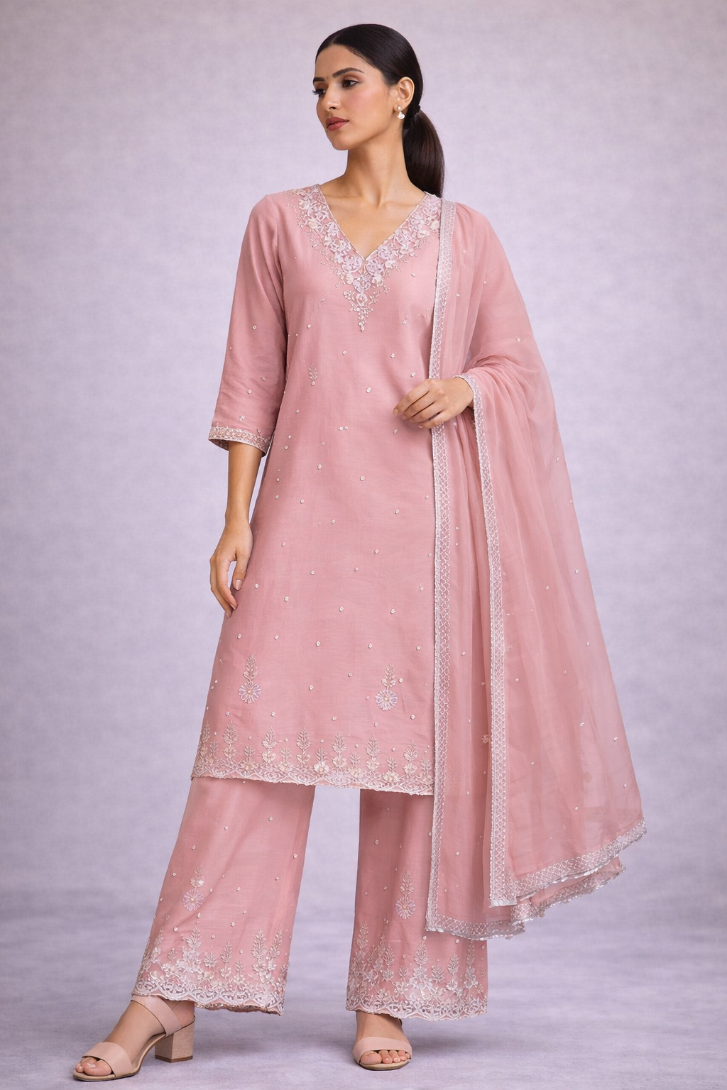 Woman wearing a pink traditional outfit with a matching dupatta on a light gray background