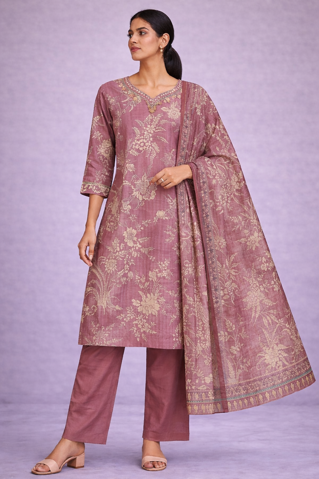 Woman wearing a pink traditional outfit with floral patterns on a light purple background