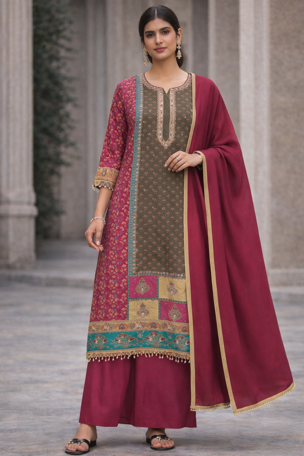Zarina Maroon Printed Kurta Set with Solid Dupatta