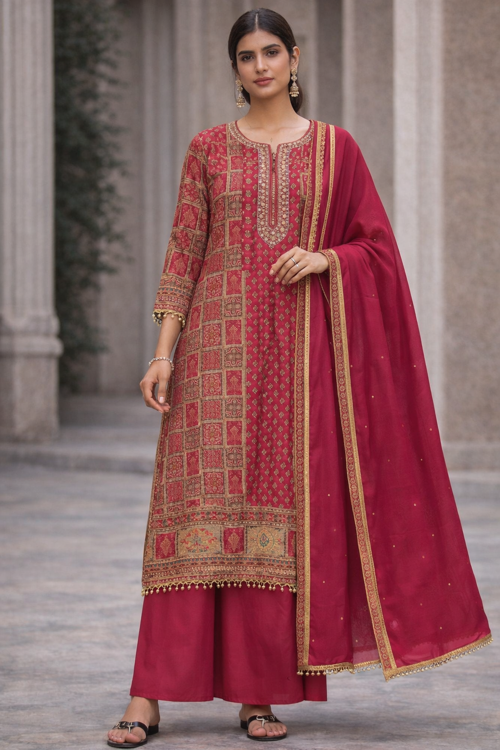 Woman wearing a traditional maroon and gold embroidered outfit with a dupatta.