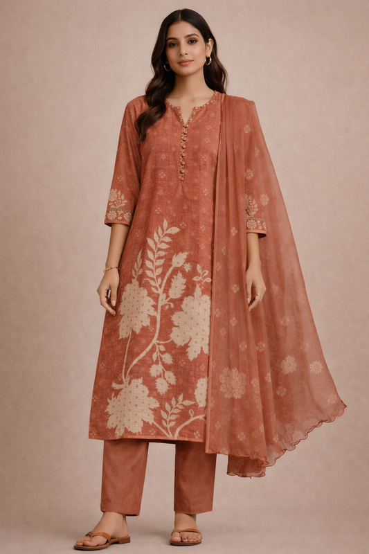 Rust Bloom Printed Kurta Set with Solid Pants & Dupatta