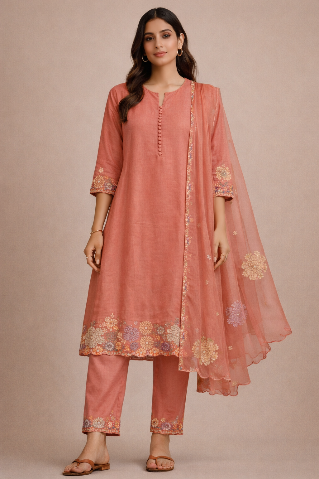 Woman wearing a peach-colored traditional outfit with floral embroidery on a beige background