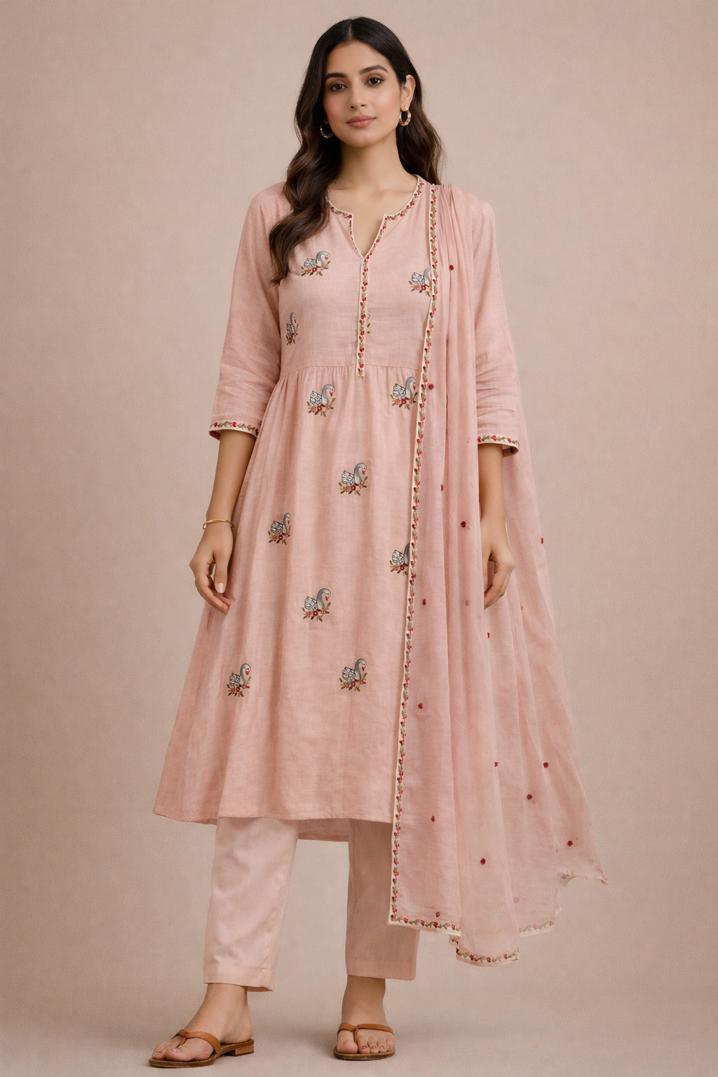 Blush Peach Handcrafted Embroidered Kurta Set with Dupatta