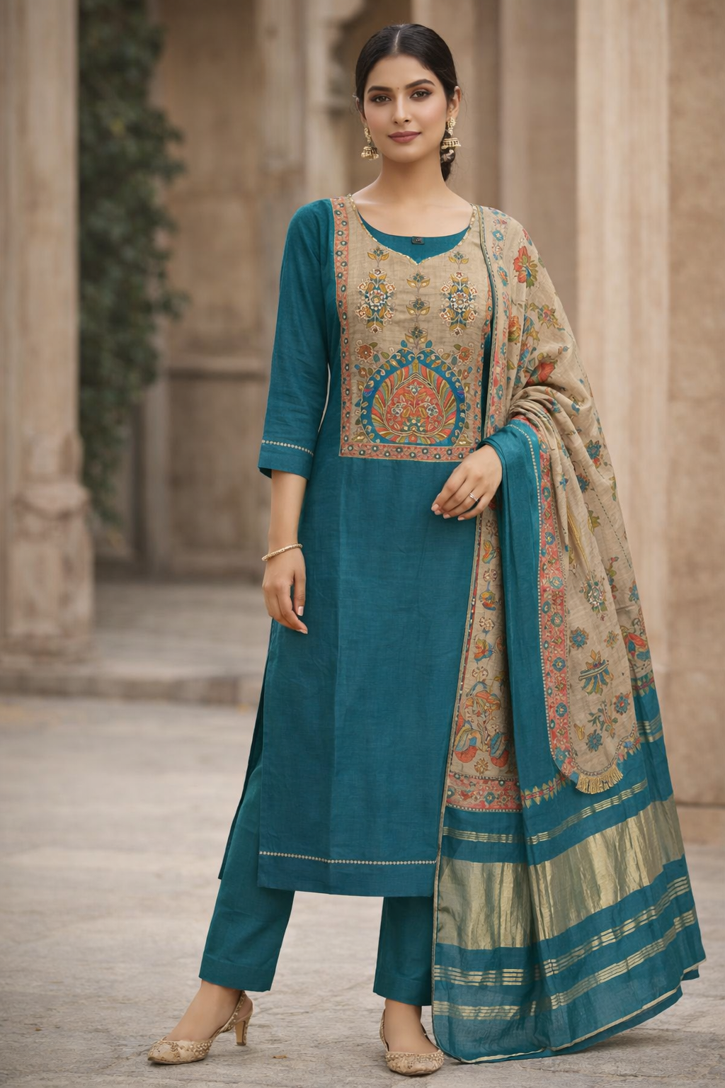 Teal Bloom Printed Cotton Blend Salwar Suit Set