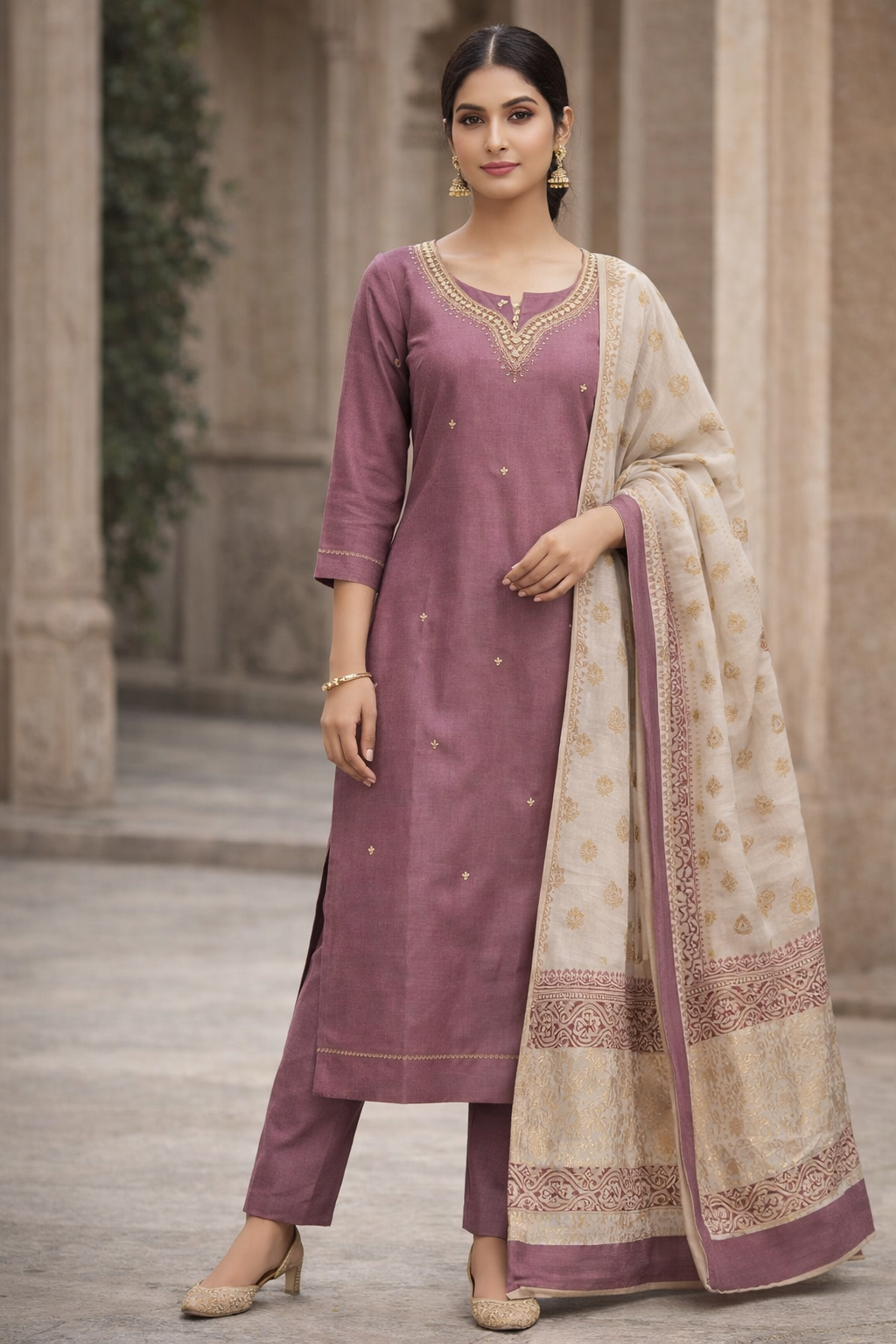 Mauve Aura Embroidered Cotton Blend Salwar Suit Set