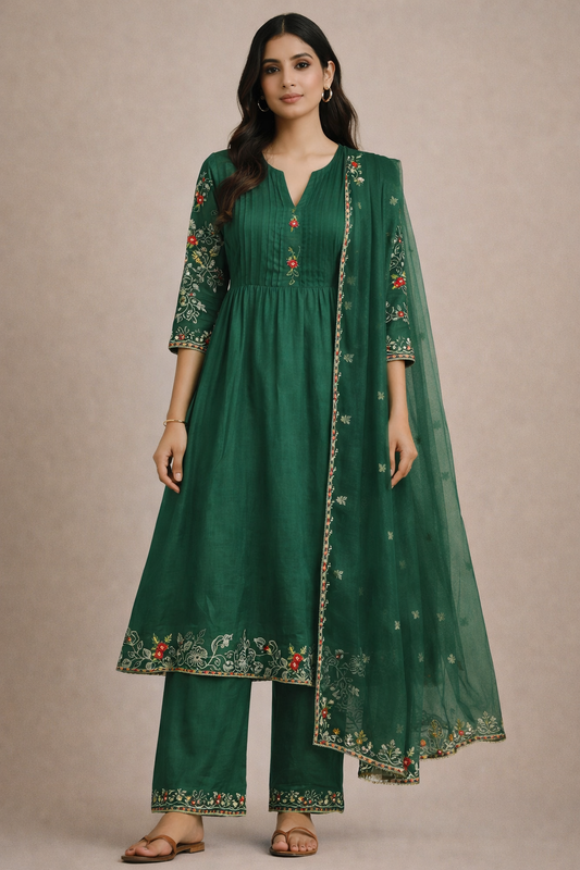 Emerald Green Embroidered Anarkali Suit Set with Dupatta