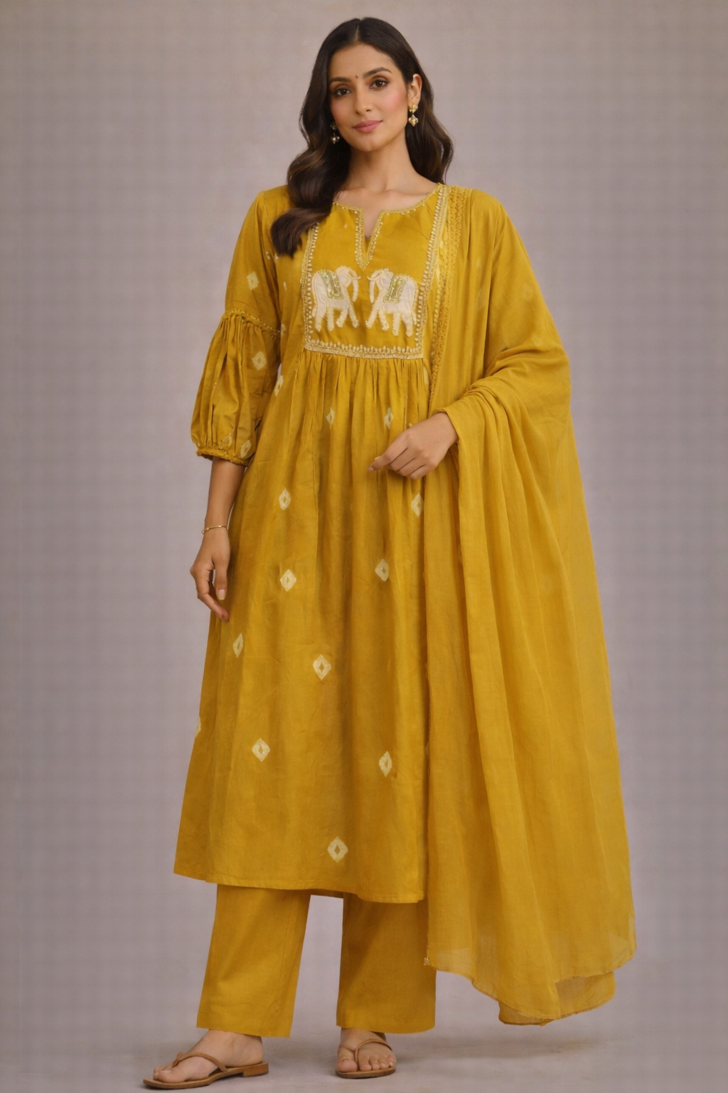 Mustard Bloom Bandhani Anarkali Kurta Set with Solid Pants & Dupatta
