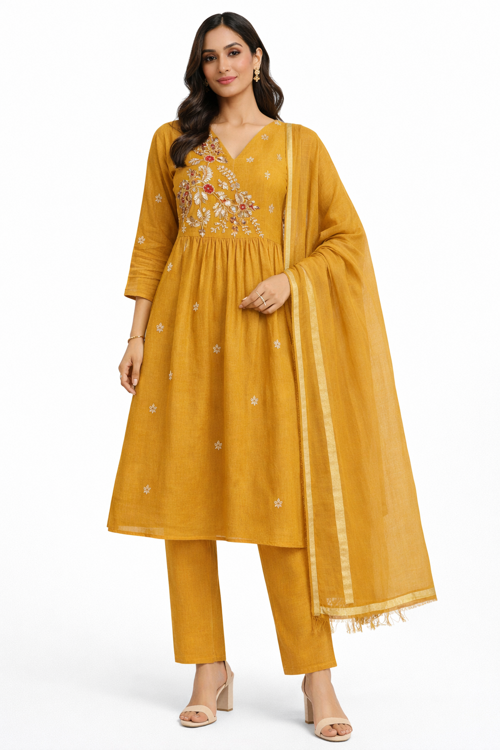 Mustard Yellow Embroidered Anarkali Ensemble with Straight Pants