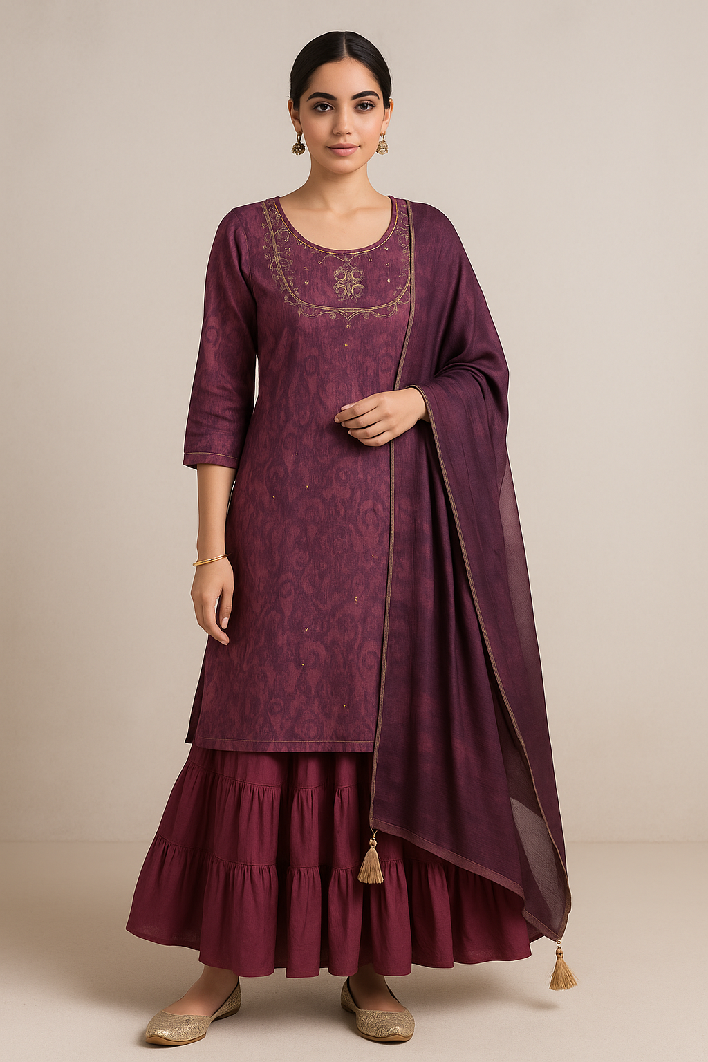 Wine Plum Embroidered Kurta Skirt Set with Dupatta