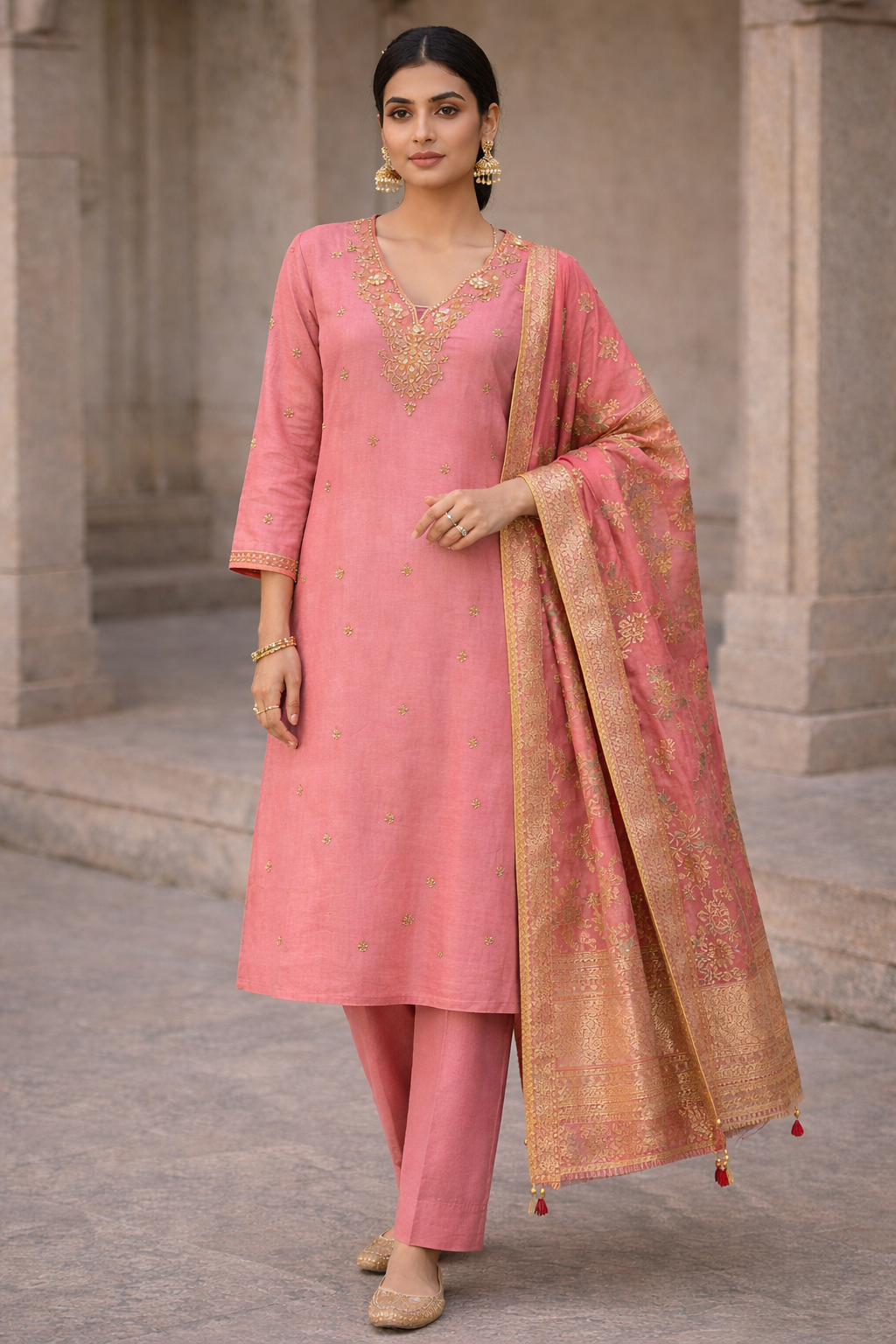 Rose Blush Embroidered Straight Kurta Set with Matching Dupatta