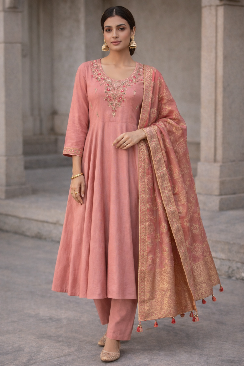 Dusty Rose Embroidered Anarkali Kurta Set with Dupatta