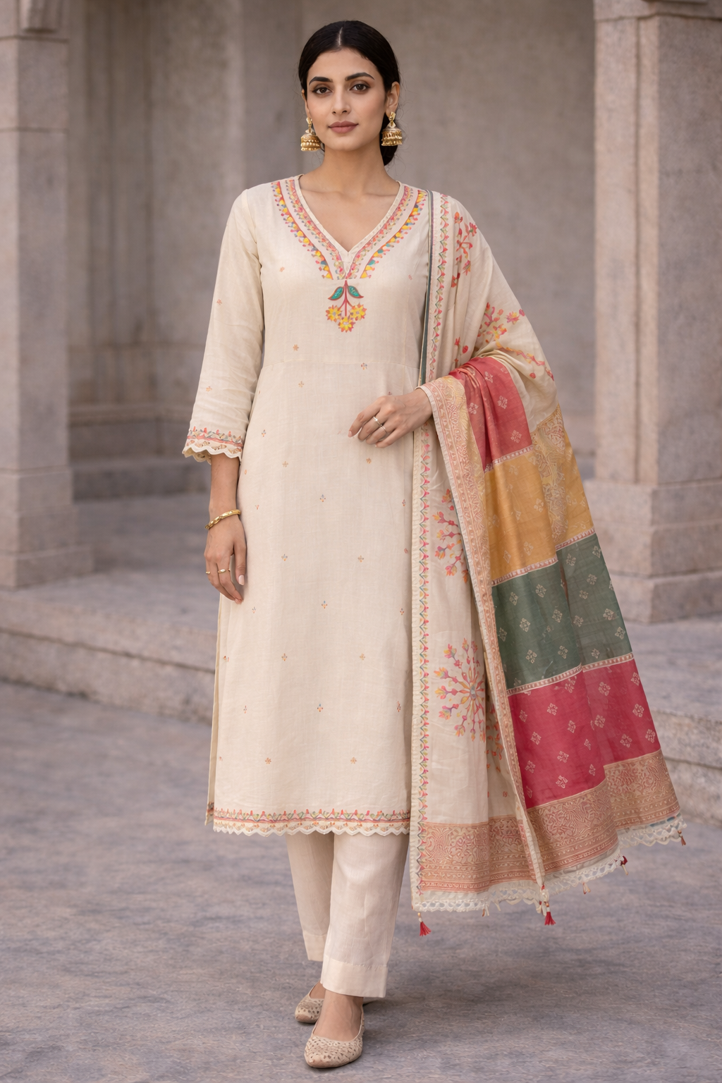 Ivory Garden Embroidered Straight Kurta Set with Dupatta