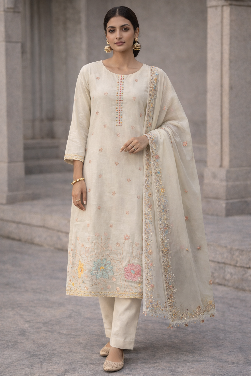 Ivory Blossom Embroidered Straight Kurta Set with Dupatta